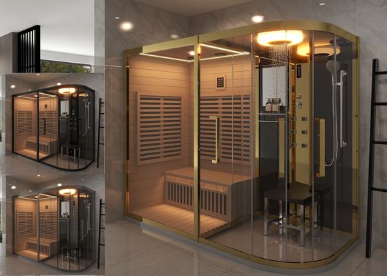 Relajante Sauna de marco dorado Sala de vapor combinada para el hogar con ducha